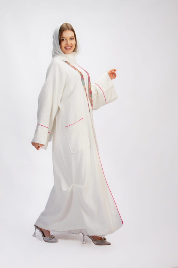 White Linen Abaya with Floral Trim and Pink Scarf - Image 9