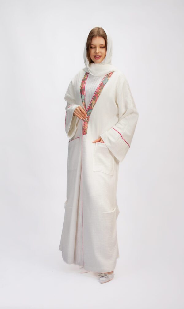 White Linen Abaya with Floral Trim and Pink Scarf - Image 8