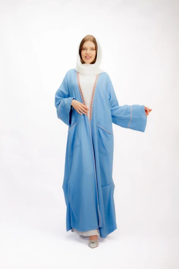 Blue Crinkled Linen Abaya with Embroidered Trim - Image 2