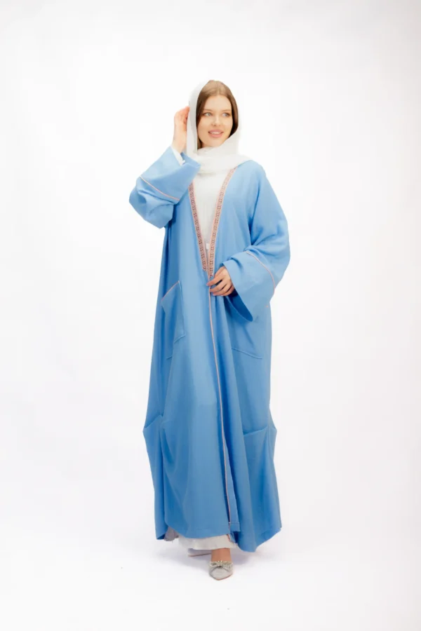 Blue Crinkled Linen Abaya with Embroidered Trim - Image 3