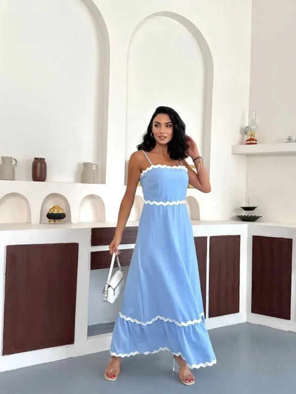 Sleeveless Linen Maxi Dress with Contrast Trim – Summer Chic - Image 3
