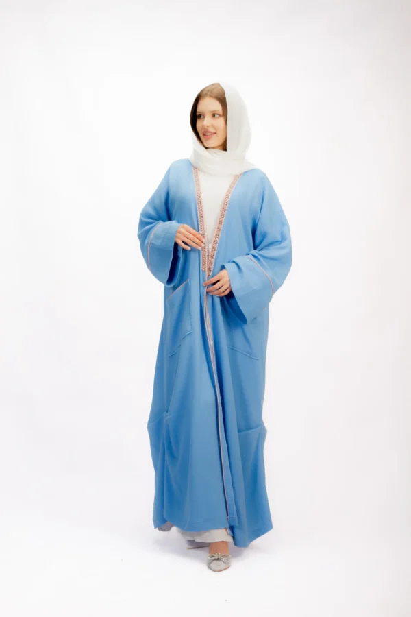 Blue Crinkled Linen Abaya with Embroidered Trim - Image 4