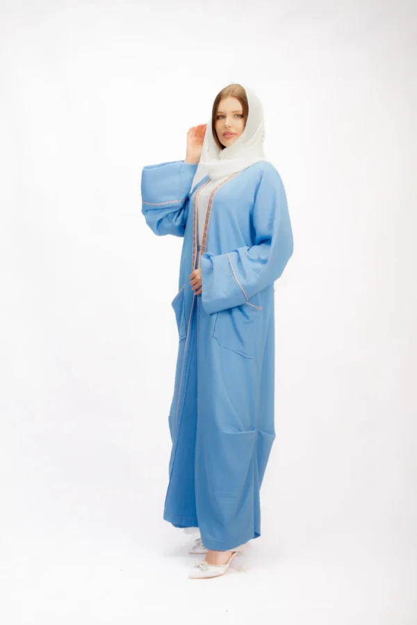 Blue Crinkled Linen Abaya with Embroidered Trim - Image 5