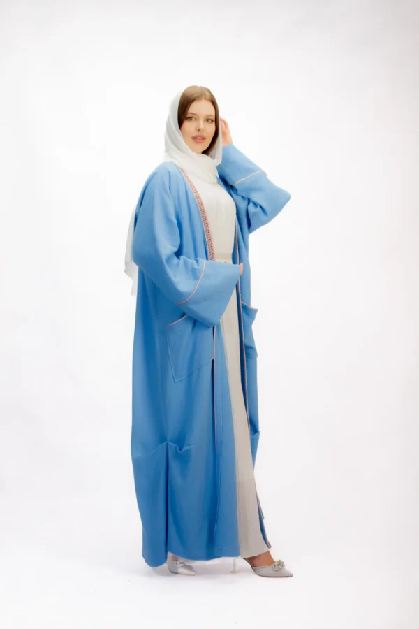 Blue Crinkled Linen Abaya with Embroidered Trim
