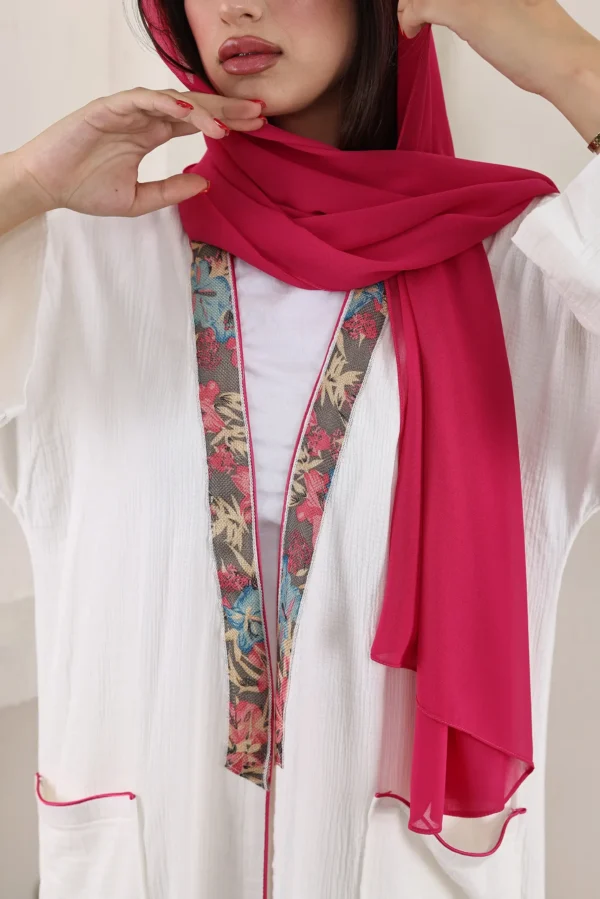 White Linen Abaya with Floral Trim and Pink Scarf - Image 7