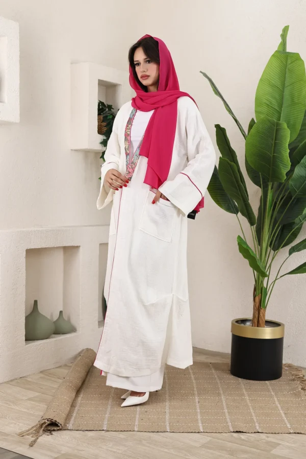 White Linen Abaya with Floral Trim and Pink Scarf - Image 4