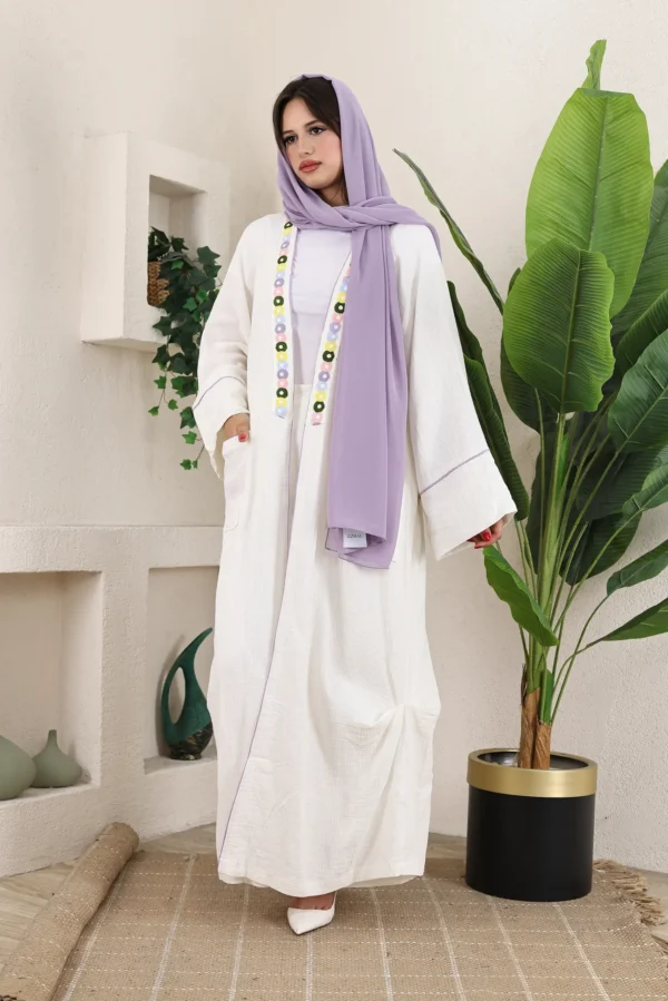 White Linen Abaya with Lilac Scarf and Floral Embroidery - Image 2