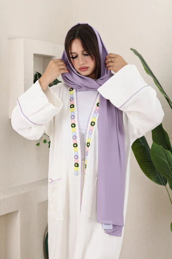 White Linen Abaya with Lilac Scarf and Floral Embroidery - Image 8