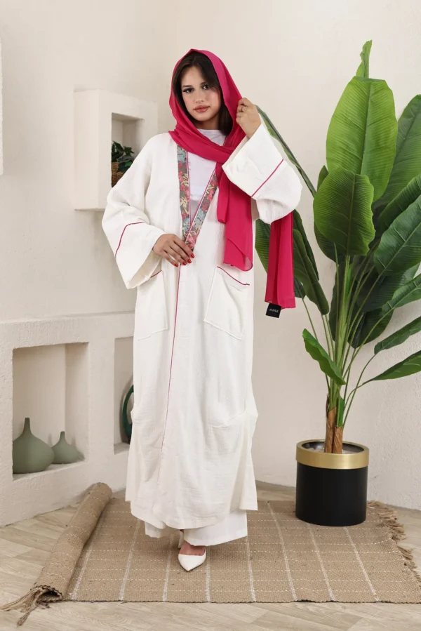 White Linen Abaya with Floral Trim and Pink Scarf