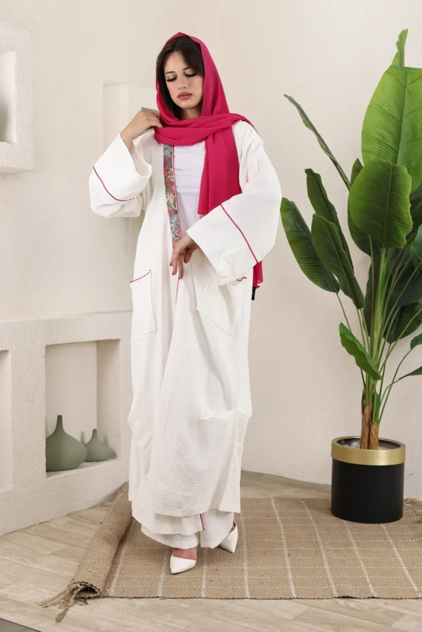 White Linen Abaya with Floral Trim and Pink Scarf - Image 5