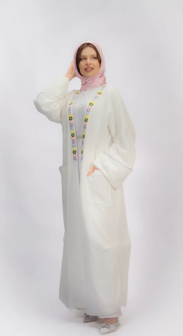 White Linen Abaya with Lilac Scarf and Floral Embroidery - Image 9