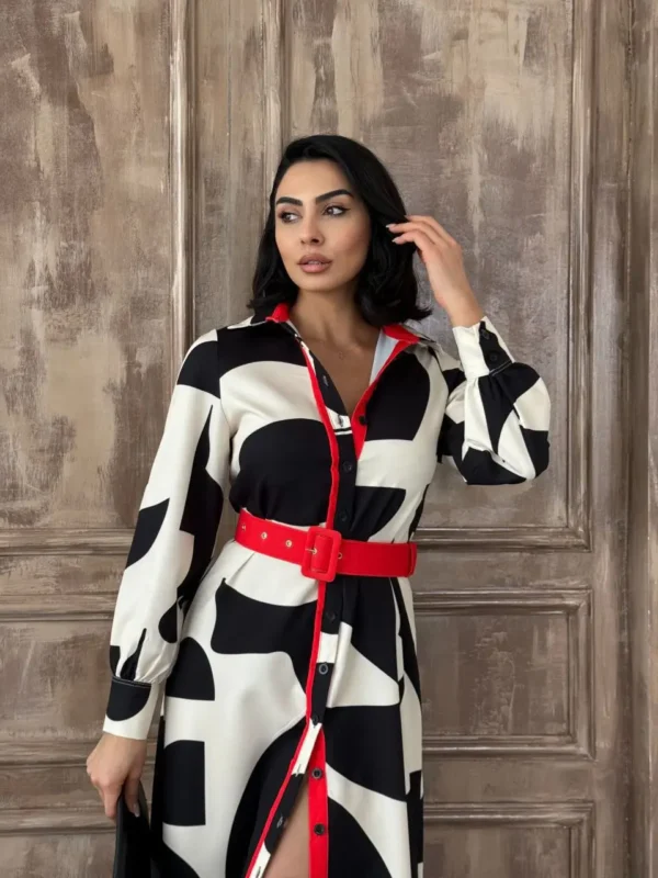 Long Sleeve Cotton Satin Maxi Dress with Belt Patterns - Image 3