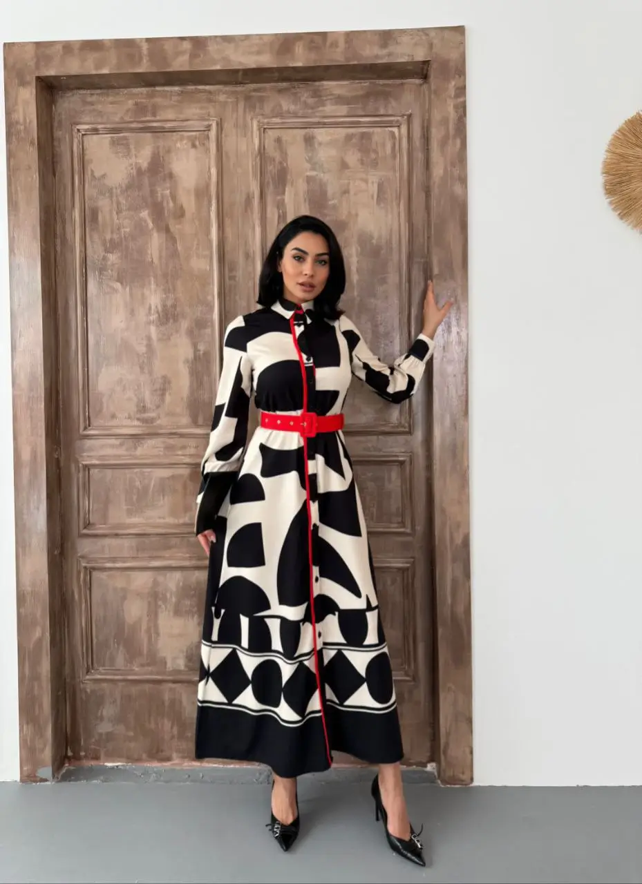 IMG_8762 Long Sleeve Cotton Satin Maxi Dress with Belt Patterns - Image 1