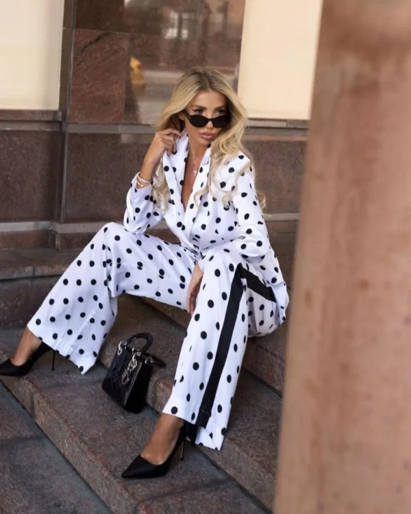 Polka Dot Two-Piece Suit – White with Black Dots | Cotton Atlas Fabric - Image 2