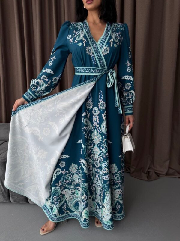 فستان ماكسي مطبوع أنيق من قطن أطلس مع حزام — للأناقة المترفة - الصورة 3