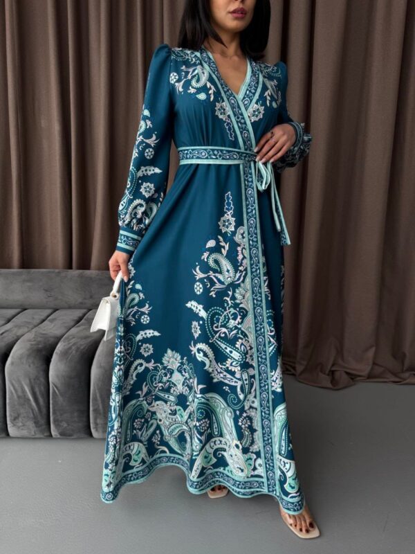 فستان ماكسي مطبوع أنيق من قطن أطلس مع حزام — للأناقة المترفة - الصورة 4