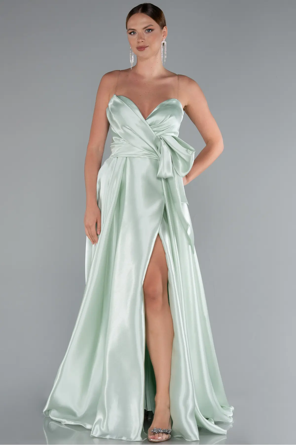IMG_2358 Long Satin Evening Dress – Elegant Strapless Gown with Bow Detail - Image 1